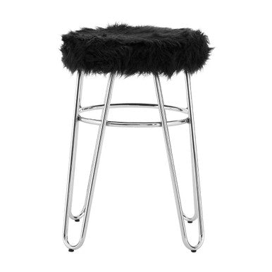 Black Faux Fur Stool with Chrome Finish Hairpin Legs
