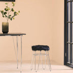 Black Faux Fur Stool with Chrome Finish Hairpin Legs