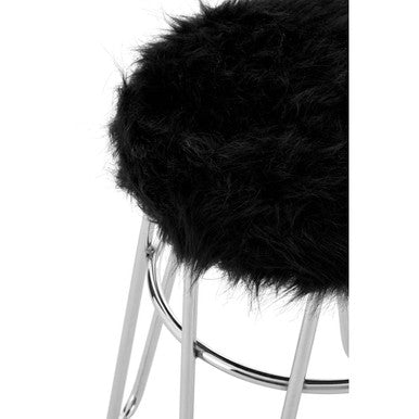 Black Faux Fur Stool with Chrome Finish Hairpin Legs