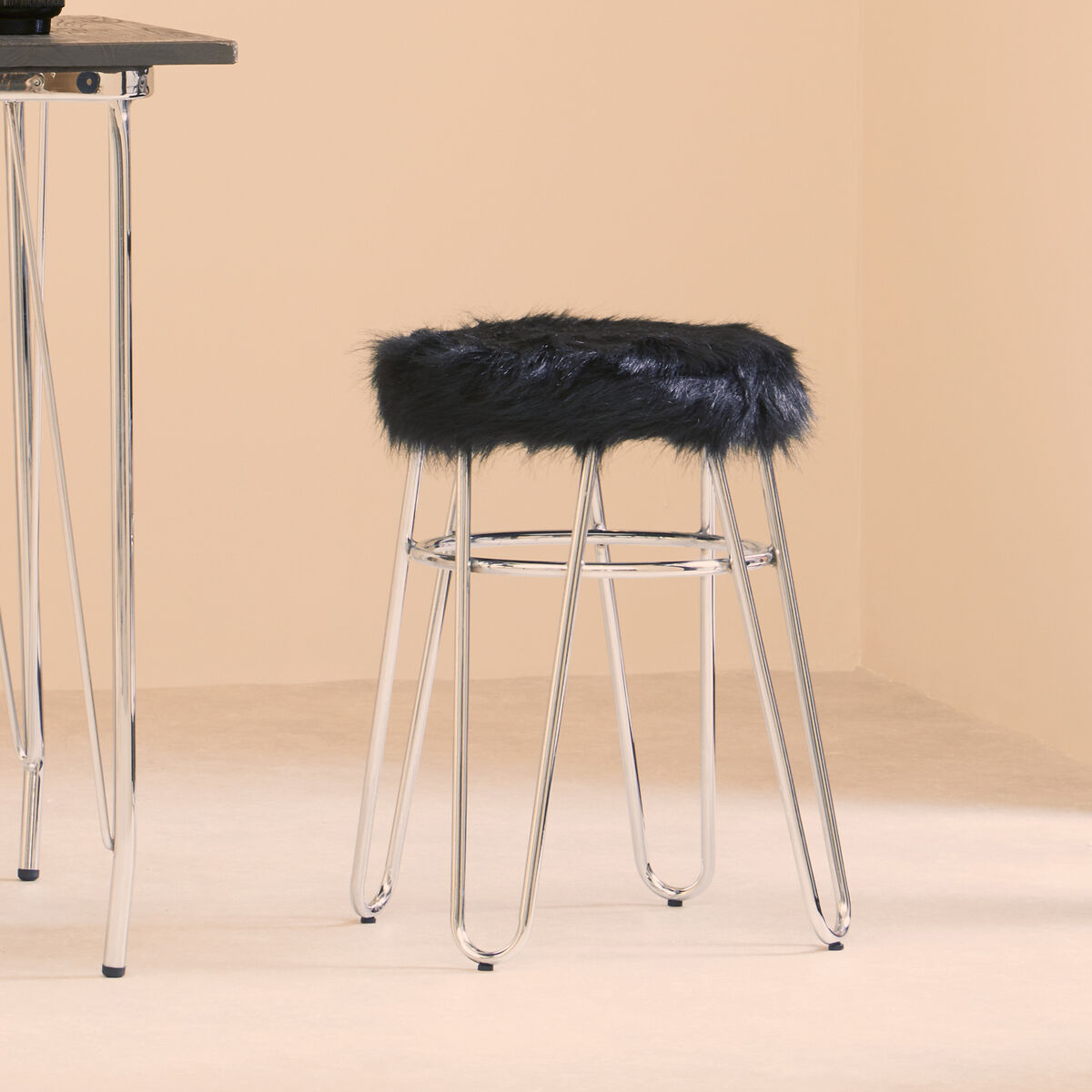Black Faux Fur Stool with Chrome Finish Hairpin Legs