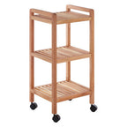 Natural Walnut Wood 3 Tier Bathroom Shelf Unit with Wheels