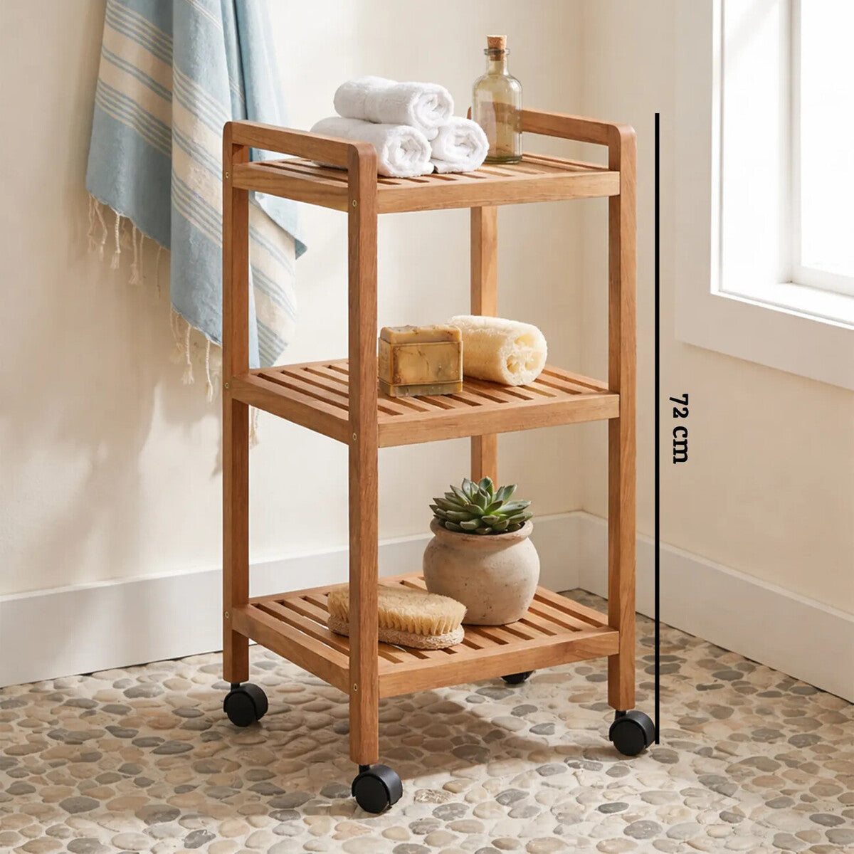 Natural Walnut Wood 3 Tier Bathroom Shelf Unit with Wheels