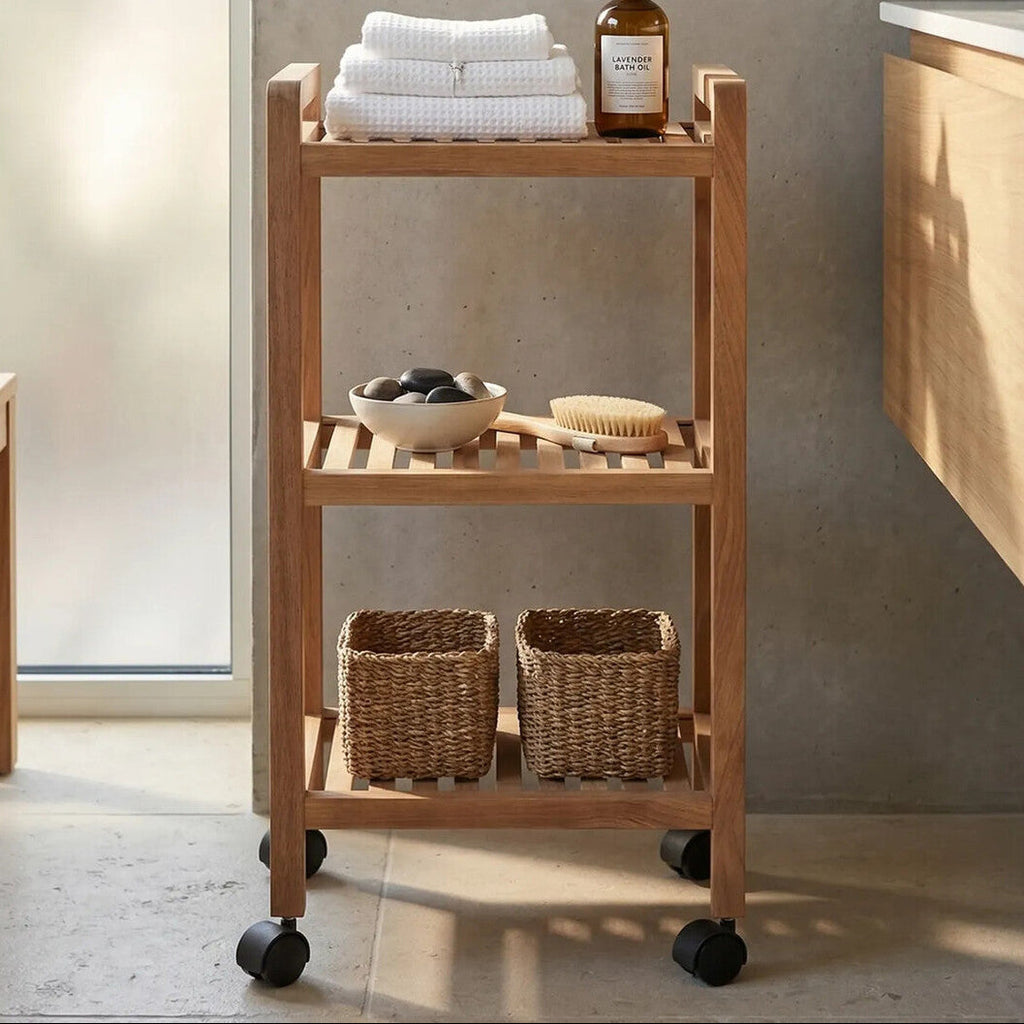 Natural Walnut Wood 3 Tier Bathroom Shelf Unit with Wheels