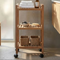 Natural Walnut Wood 3 Tier Bathroom Shelf Unit with Wheels