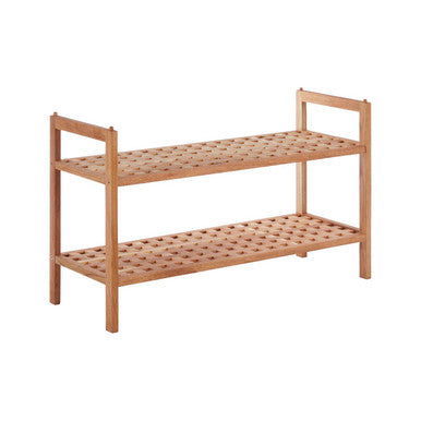 2 Tier Walnut Wood Grid Design Stackable Shoe Rack