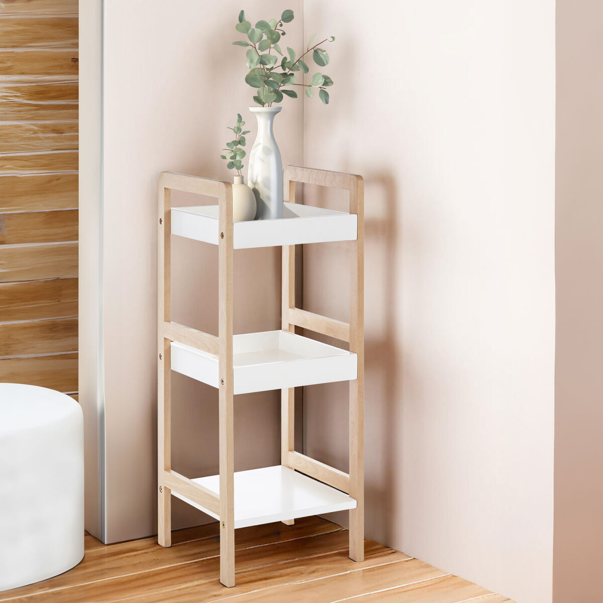 Natural and White Wooden 3 Tier Bathroom Shelf Unit