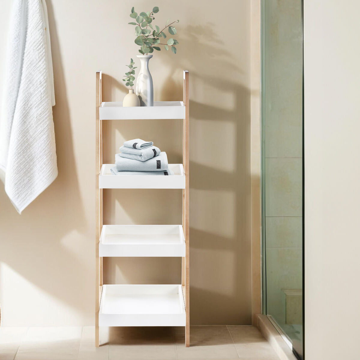 Natural and White Birch Wood 4 Tier Bathroom Shelf Unit
