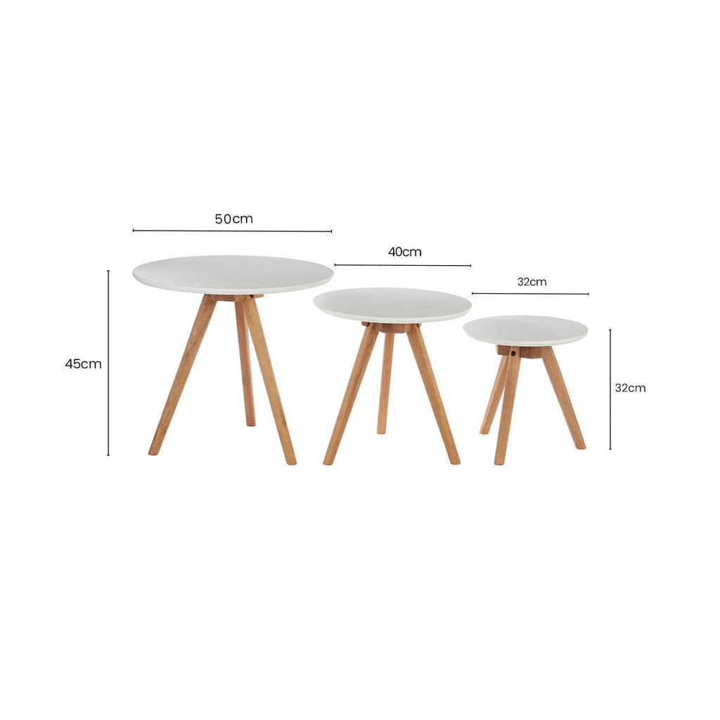 White and Natural Oak Wood Set of 3 Side Tables
