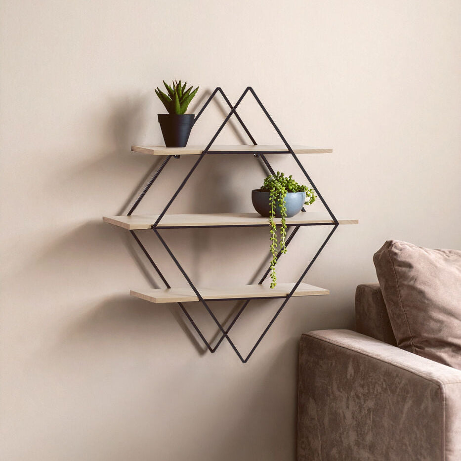 Black and Natural Wooden 3 Tier Diamond Shaped Wall Shelf