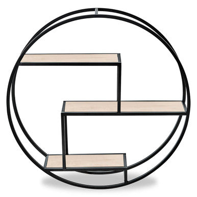 Black and Natural Wooden 3 Tier Round Wall Shelf