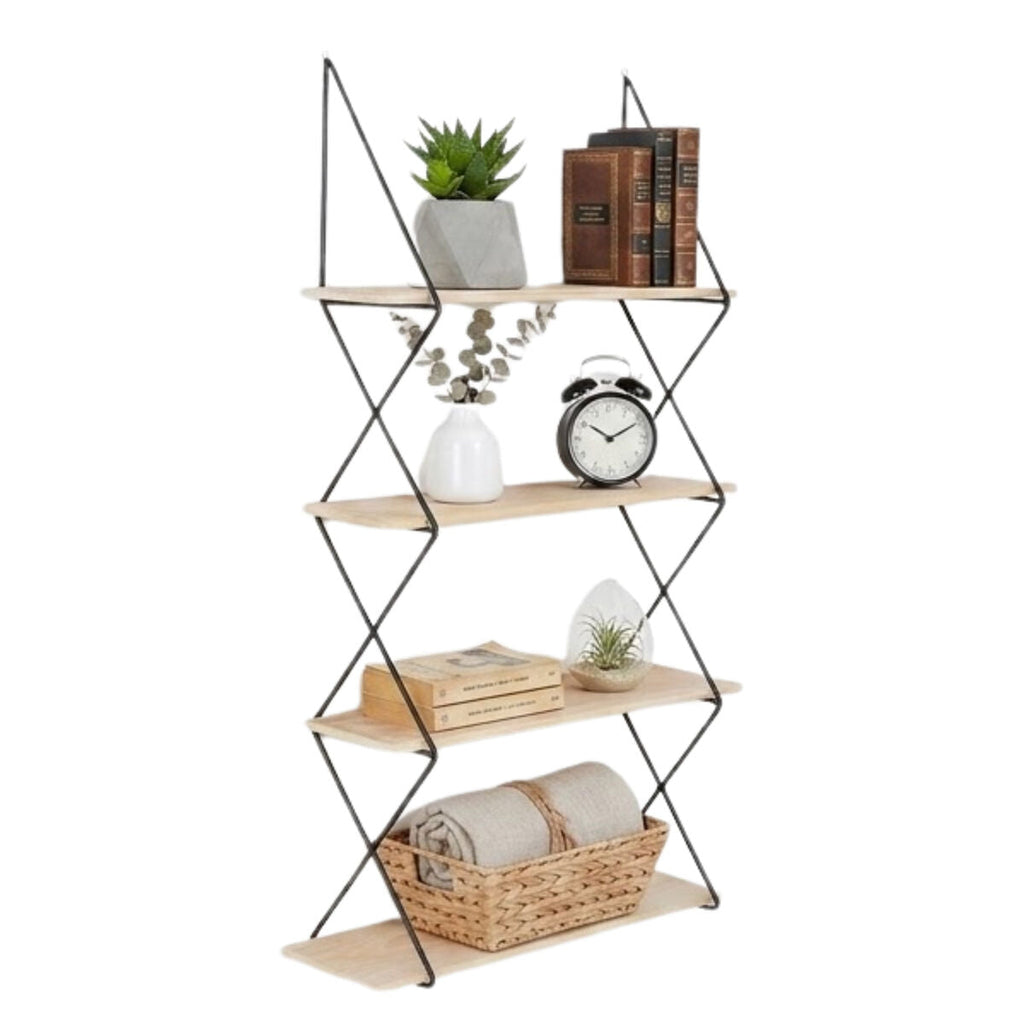 Black and Natural Wooden 4 Tier Wall Shelf