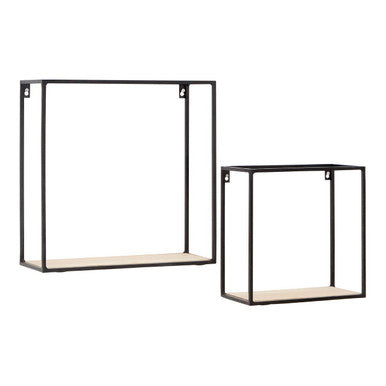 Black and Natural Wooden Set of 2 Square Wall Shelves