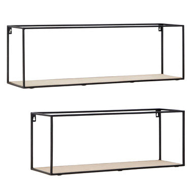 Black and Natural Wooden Set of 2 Rectangular Wall Shelves