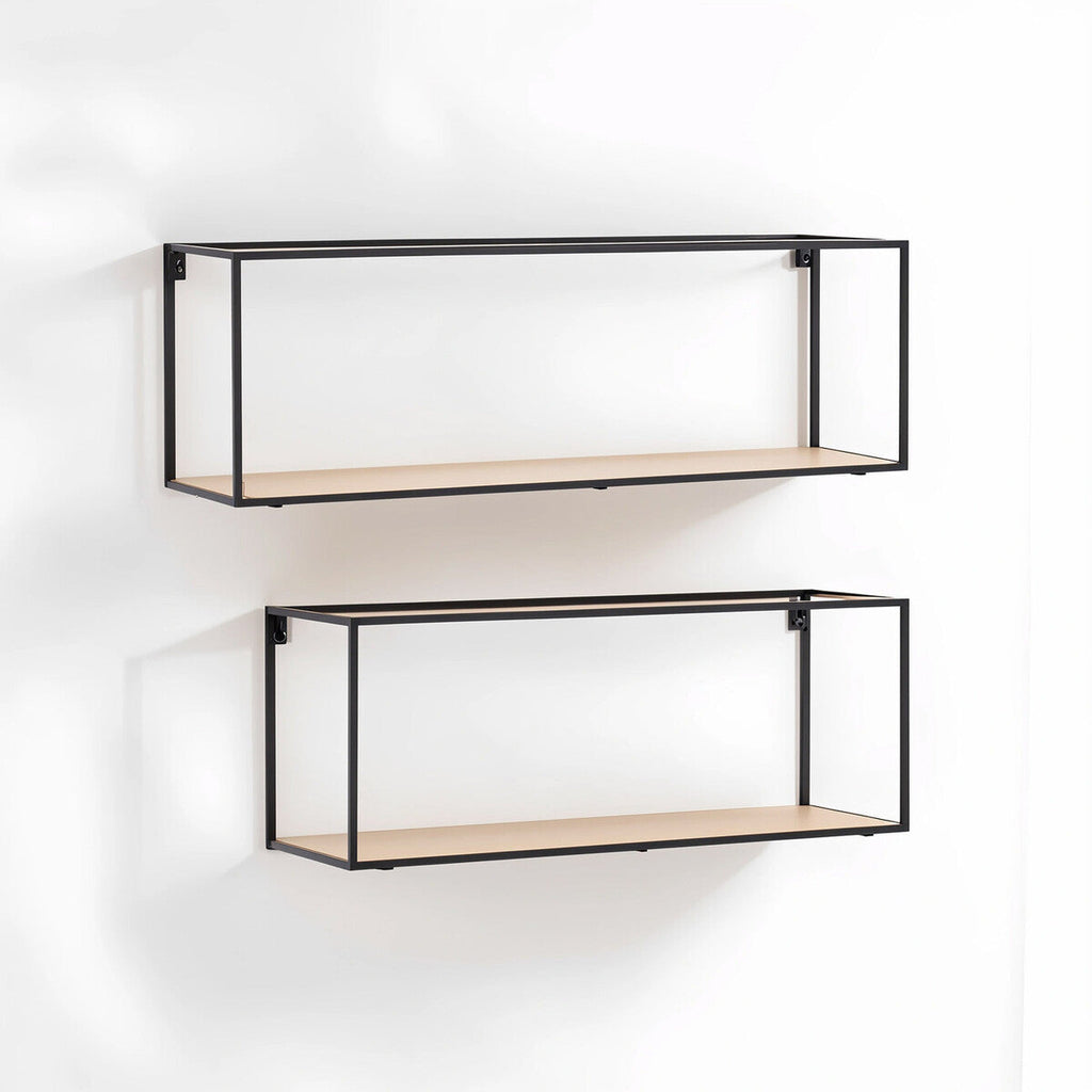 Black and Natural Wooden Set of 2 Rectangular Wall Shelves