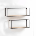 Black and Natural Wooden Set of 2 Rectangular Wall Shelves