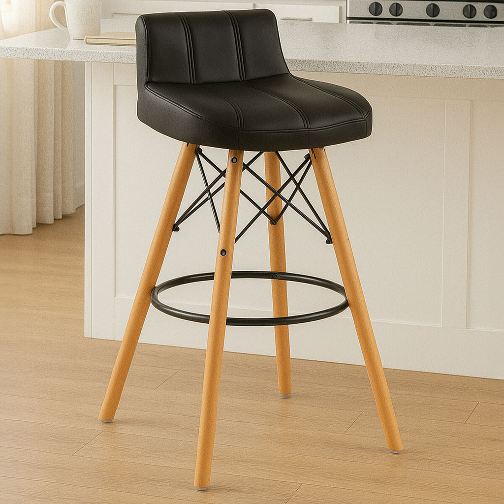 Black Leather Effect Bar Stool with Wood Legs