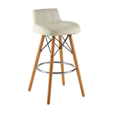 White Leather Effect Bar Stool with Wood Legs