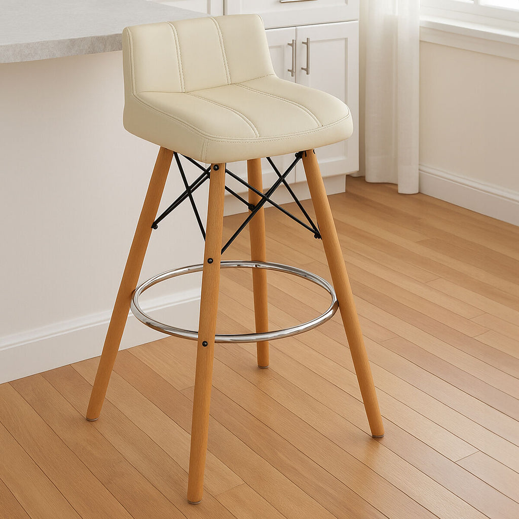White Leather Effect Bar Stool with Wood Legs