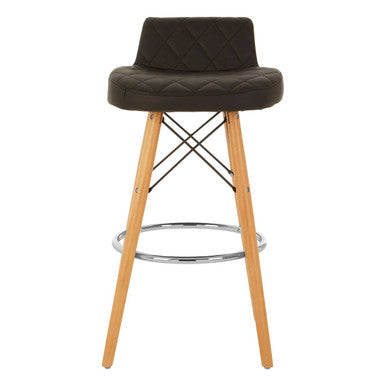 Black Leather Effect Quilted Bar Stool with Wood Legs