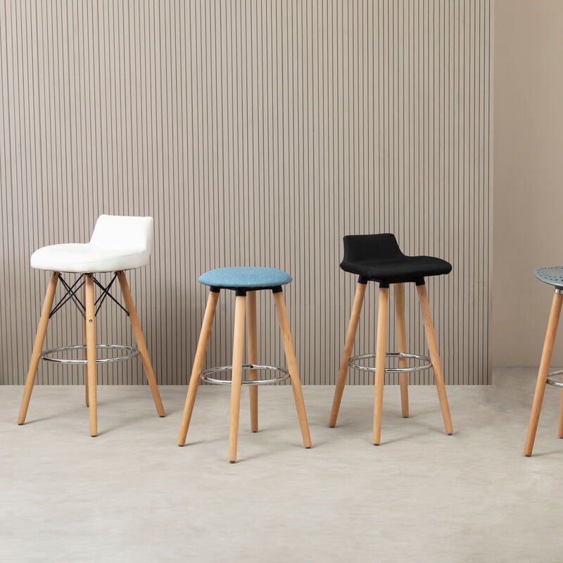 White Leather Effect Quilted Bar Stool with Wood Legs