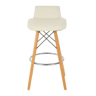 White Leather Effect Quilted Bar Stool with Wood Legs