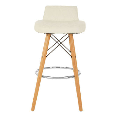 White Leather Effect Quilted Bar Stool with Wood Legs