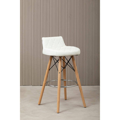 White Leather Effect Quilted Bar Stool with Wood Legs