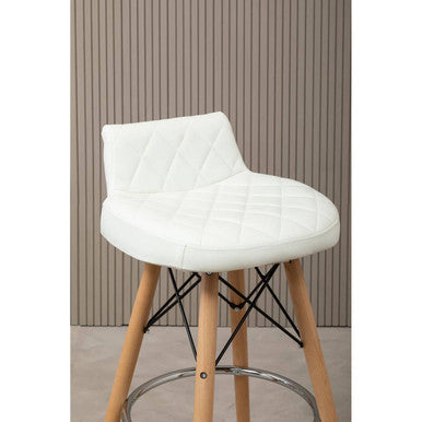 White Leather Effect Quilted Bar Stool with Wood Legs