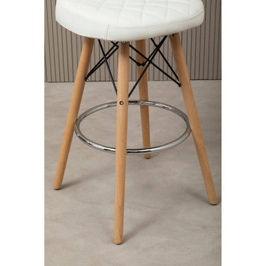 White Leather Effect Quilted Bar Stool with Wood Legs