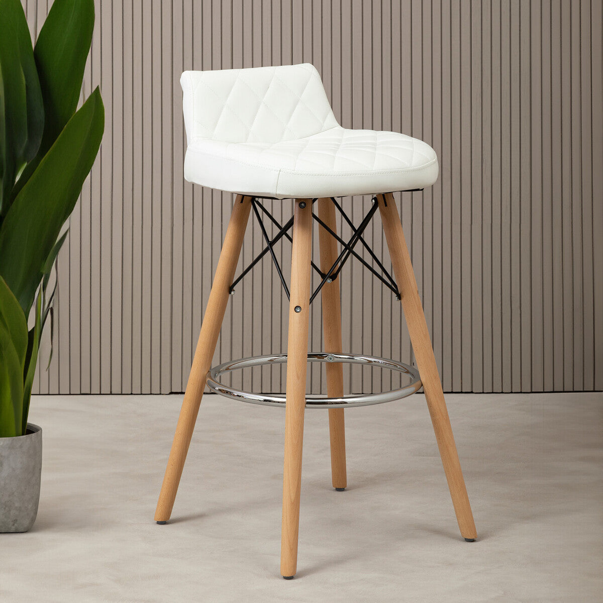 White Leather Effect Quilted Bar Stool with Wood Legs