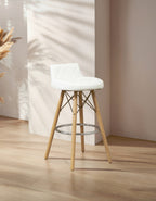 White Leather Effect Quilted Bar Stool with Wood Legs