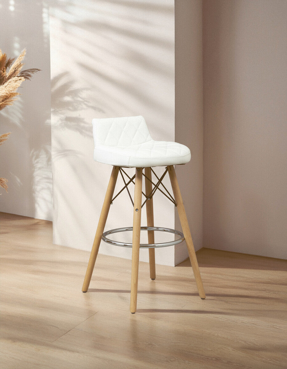 White Leather Effect Quilted Bar Stool with Wood Legs
