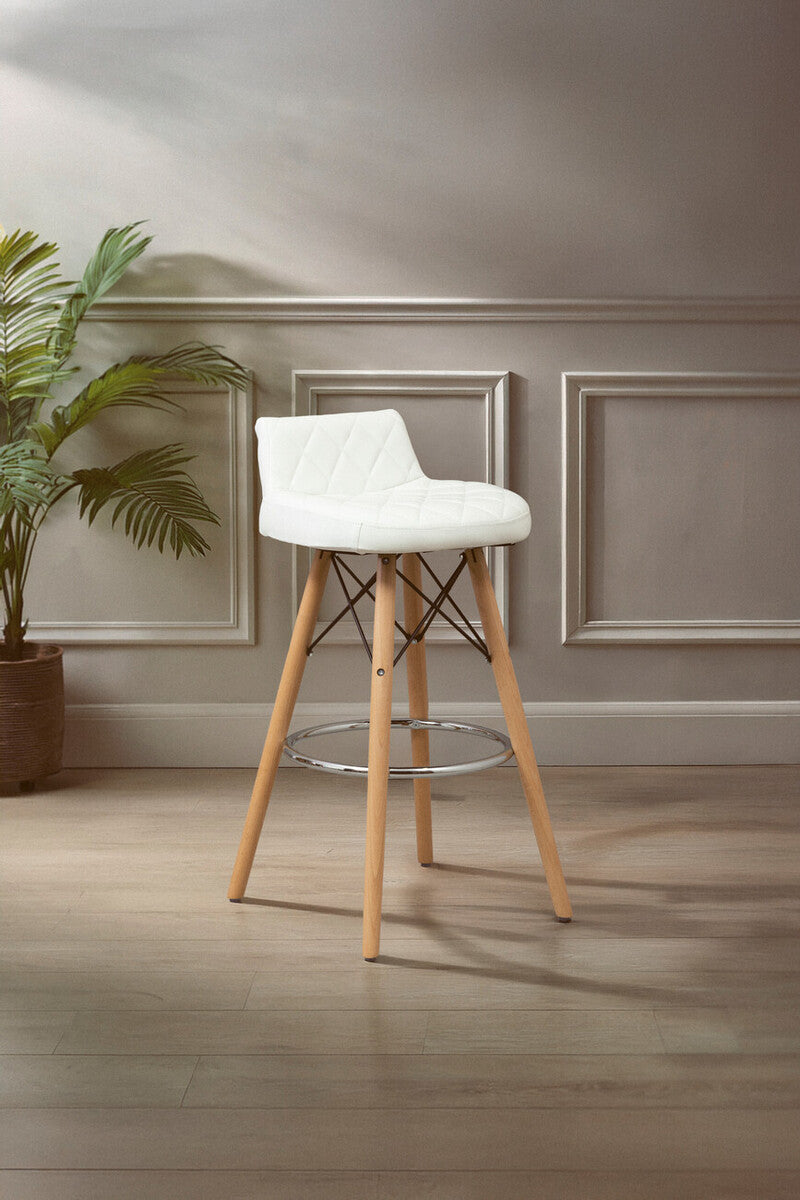 White Leather Effect Quilted Bar Stool with Wood Legs