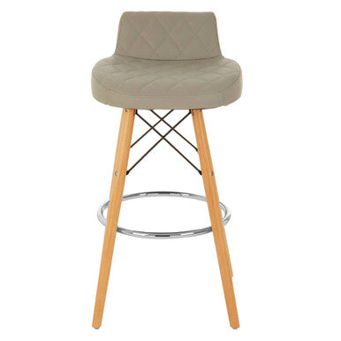 Light Grey Leather Effect Quilted Bar Stool with Wood Legs