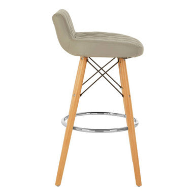 Light Grey Leather Effect Quilted Bar Stool with Wood Legs