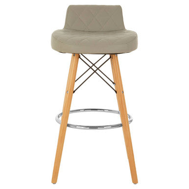 Light Grey Leather Effect Quilted Bar Stool with Wood Legs