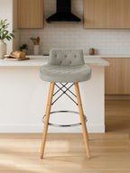 Light Grey Leather Effect Quilted Bar Stool with Wood Legs