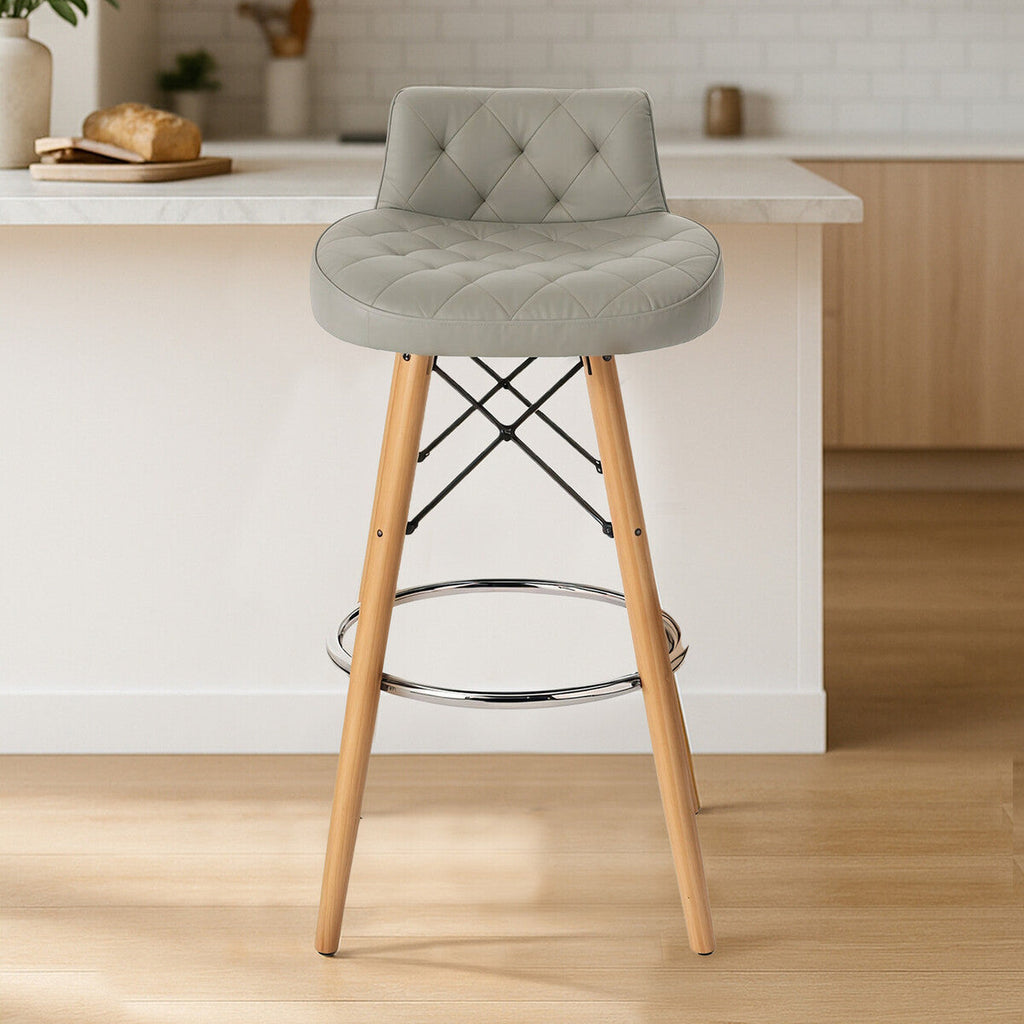 Light Grey Leather Effect Quilted Bar Stool with Wood Legs