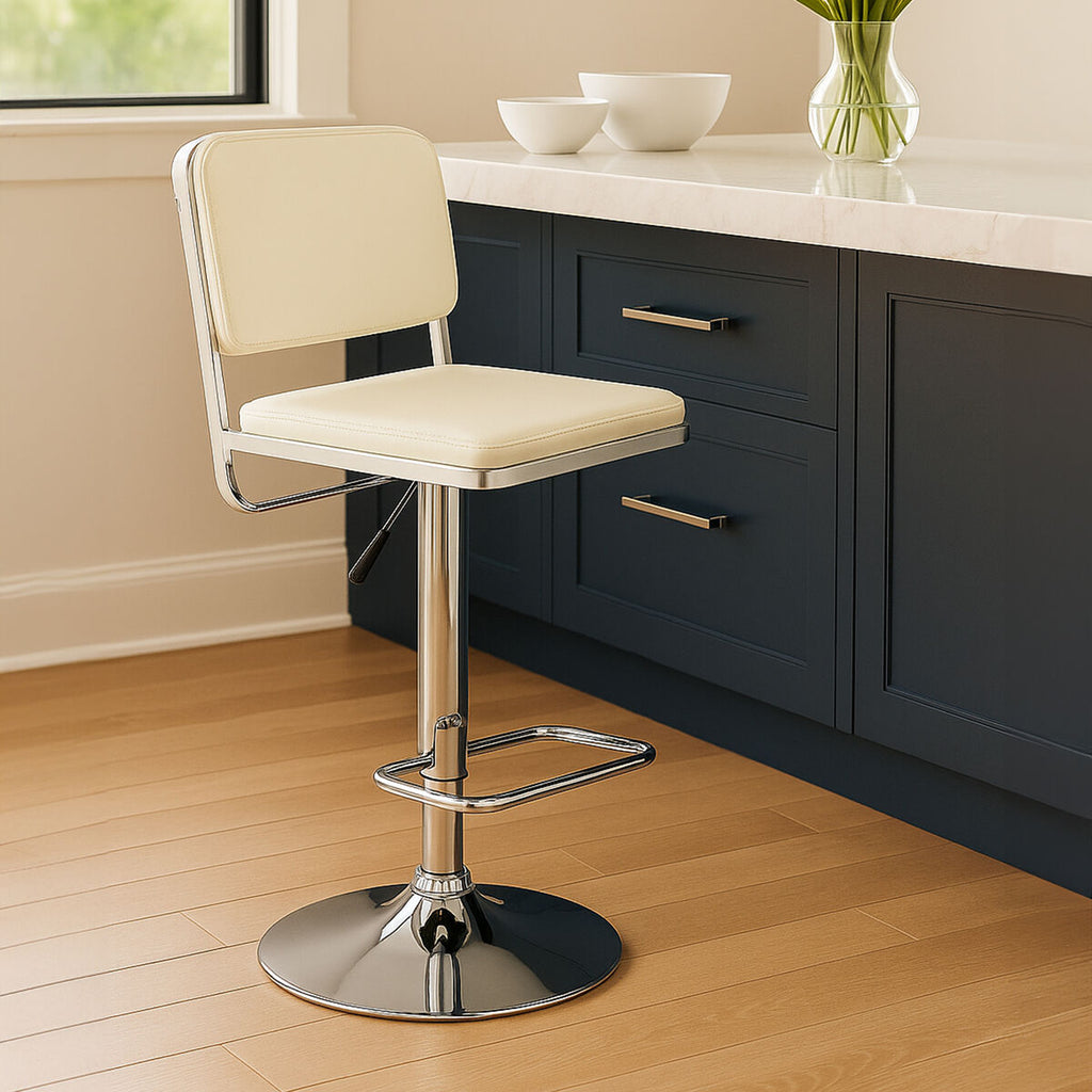 White Leather Effect Adjustable Bar Stool with Chrome Finish Base
