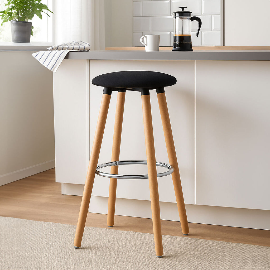 Black Fabric Round Bar Stool with Wood Legs