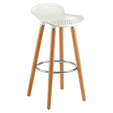 White Moulded Plastic Bar Stool with Wood Legs