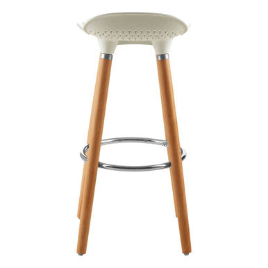 White Moulded Plastic Bar Stool with Wood Legs
