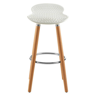 White Moulded Plastic Bar Stool with Wood Legs