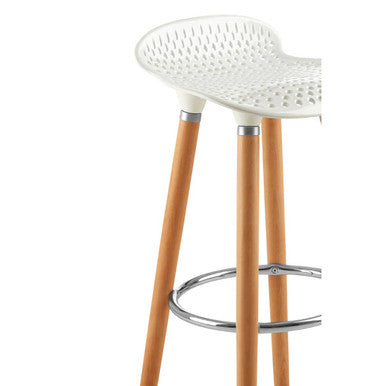 White Moulded Plastic Bar Stool with Wood Legs