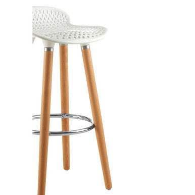 White Moulded Plastic Bar Stool with Wood Legs