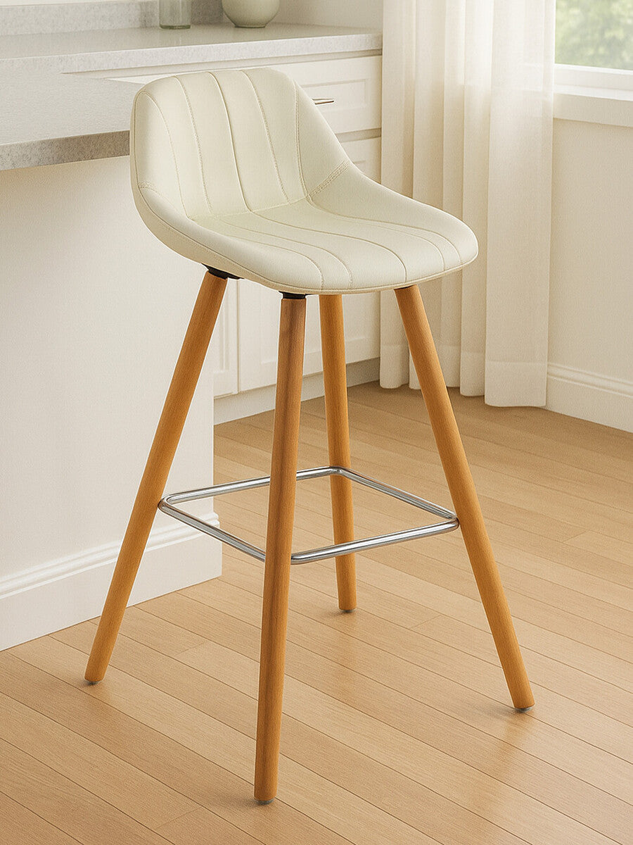 White Leather Effect Bar Stool with Wooden Legs