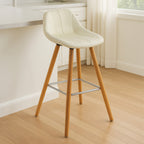 White Leather Effect Bar Stool with Wooden Legs