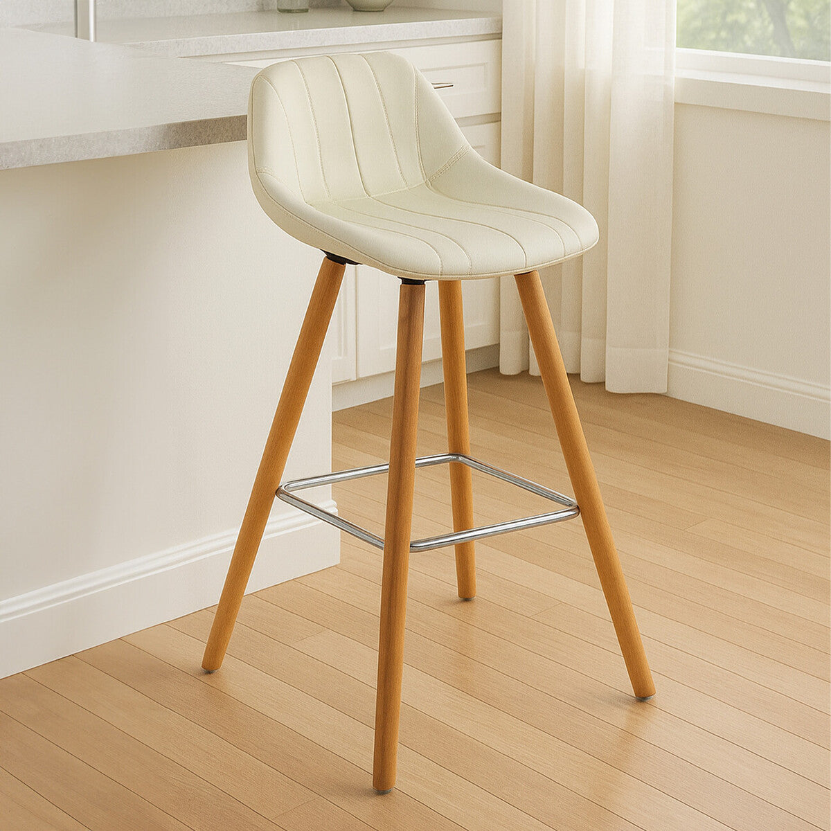 White Leather Effect Bar Stool with Wooden Legs
