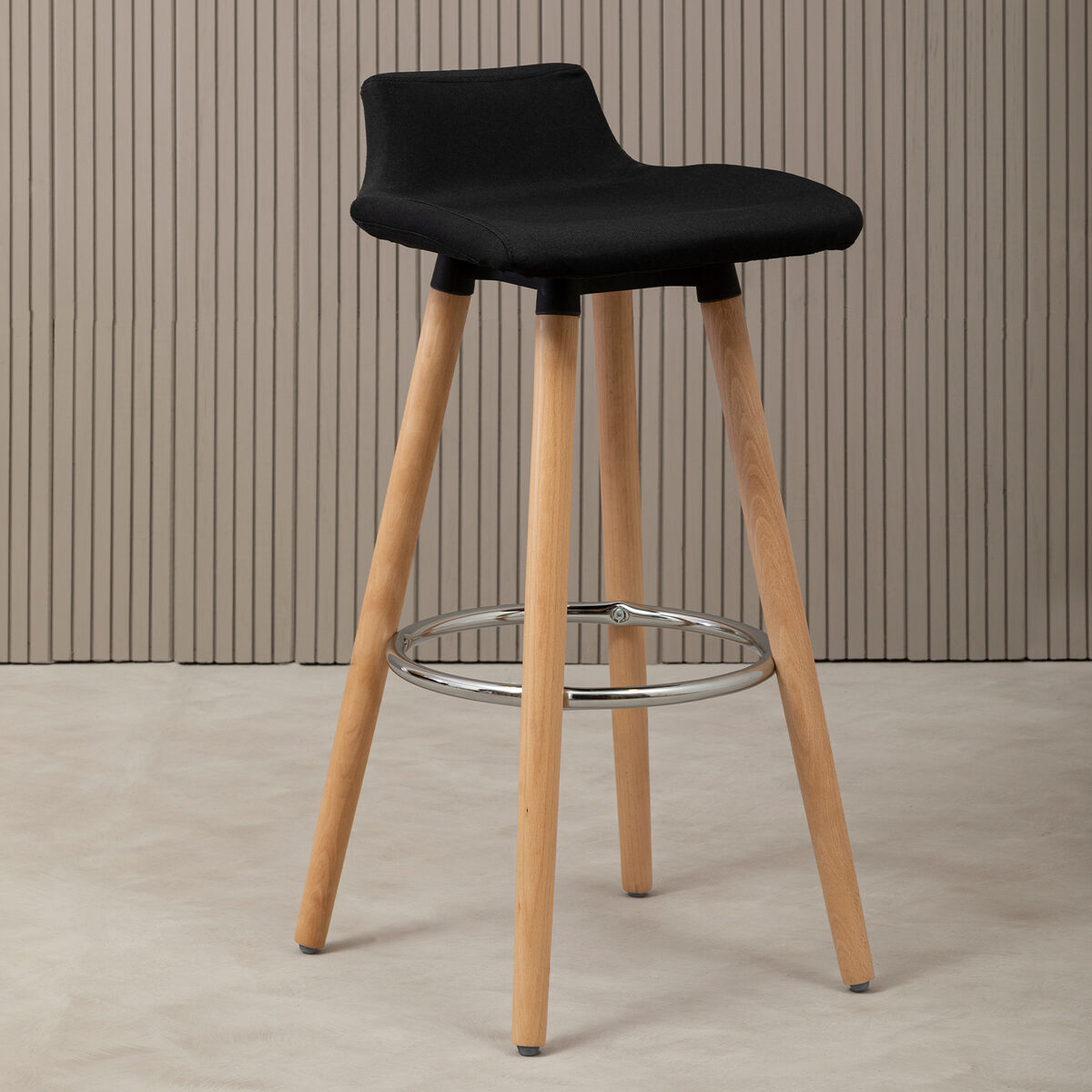 Black Fabric Bar Stool with Wooden Legs