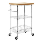 Silver and Natural 3 Tier Kitchen Trolley with Rubber Wood Top